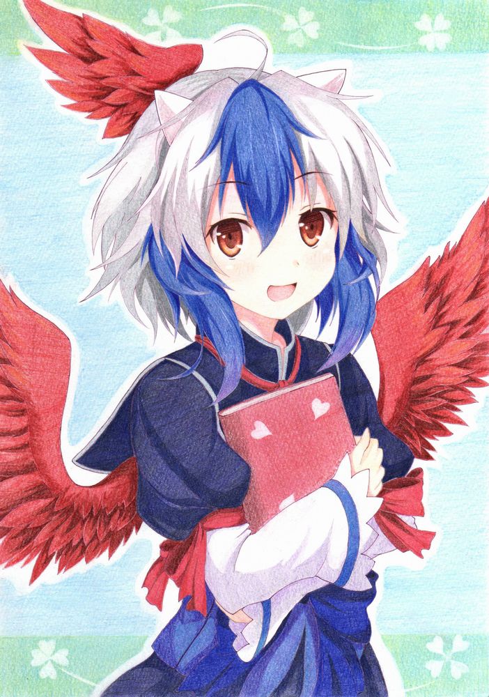 ahoge animal_ears blue_hair book clover colored_pencil_(medium) four-leaf_clover head_wings heart holding holding_book horns kittona long_sleeves millipen_(medium) multicolored_hair open_mouth red_eyes red_wings short_hair silver_hair single_head_wing smile solo tokiko_(touhou) touhou traditional_media two-tone_hair watercolor_pencil_(medium) wings