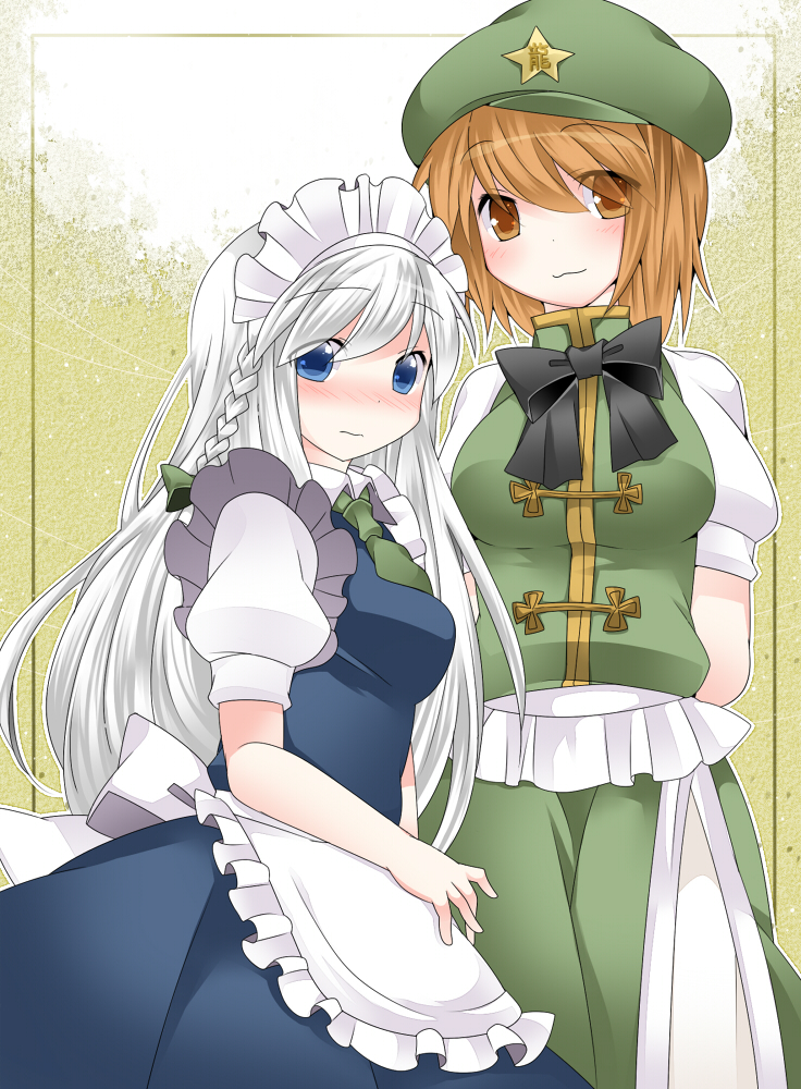 :3 alternate_hair_length alternate_hairstyle arms_behind_back bad_id bad_pixiv_id blue_eyes bow braid commentary hairstyle_switch hammer_(sunset_beach) hat hong_meiling izayoi_sakuya long_hair looking_at_viewer maid maid_headdress multiple_girls orange_eyes orange_hair short_hair silver_hair single_braid star touhou