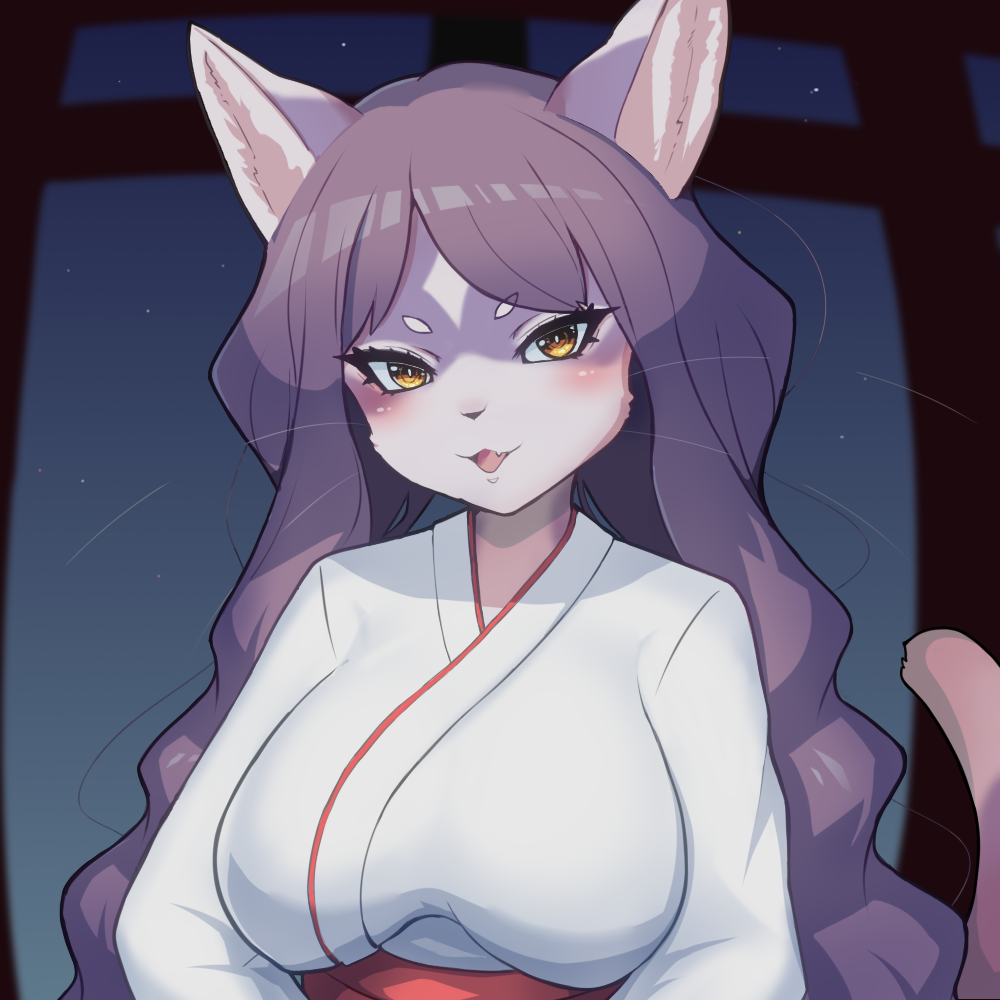 1girl animal_ears black_hair blush breasts brown_eyes brown_hair cat_ears cat_girl cat_tail chatora_(0-furry-beast-0) furry furry_female hakama head_tilt japanese_clothes kimono medium_breasts miko open_mouth original parted_bangs smile solo tail torii upper_body white_kimono