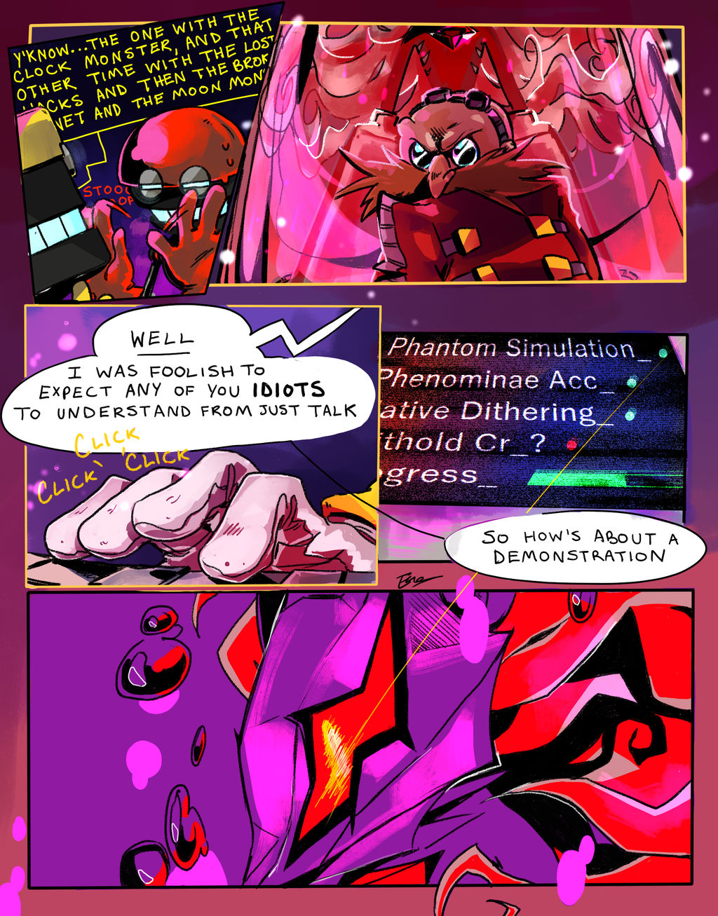 anthro bodily_fluids canid canine canis clothed clothing coat comic comic_panel computer_screen cubot dr._eggman ebetto english_text group hi_res human humanoid infinite_(sonic) keyboard machine male mammal orbot pod red_body red_sclera robot sega sonic_forces sonic_the_hedgehog_(series) sweat sweat_emanata sweatdrop text topwear typing wolf yellow_body yellow_eyes
