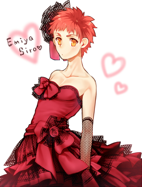 bad_id bad_pixiv_id bare_shoulders bow dress elbow_gloves emiya_shirou fate/stay_night fate_(series) genderswap genderswap_(mtf) gloves hair_bow heart mitsuki_mitsuno orange_hair red_dress red_hair short_hair solo yellow_eyes