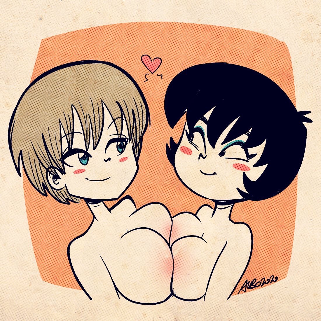 1girl albo black_eyes black_hair blue_eyes blue_eyeshadow blush_stickers breast_press breasts brown_hair commentary crossover english_commentary eyeshadow heart jucika jucika_(comic) large_breasts makeup short_hair signature smile symmetrical_docking uzaki-chan_wa_asobitai! uzaki_hana yuri