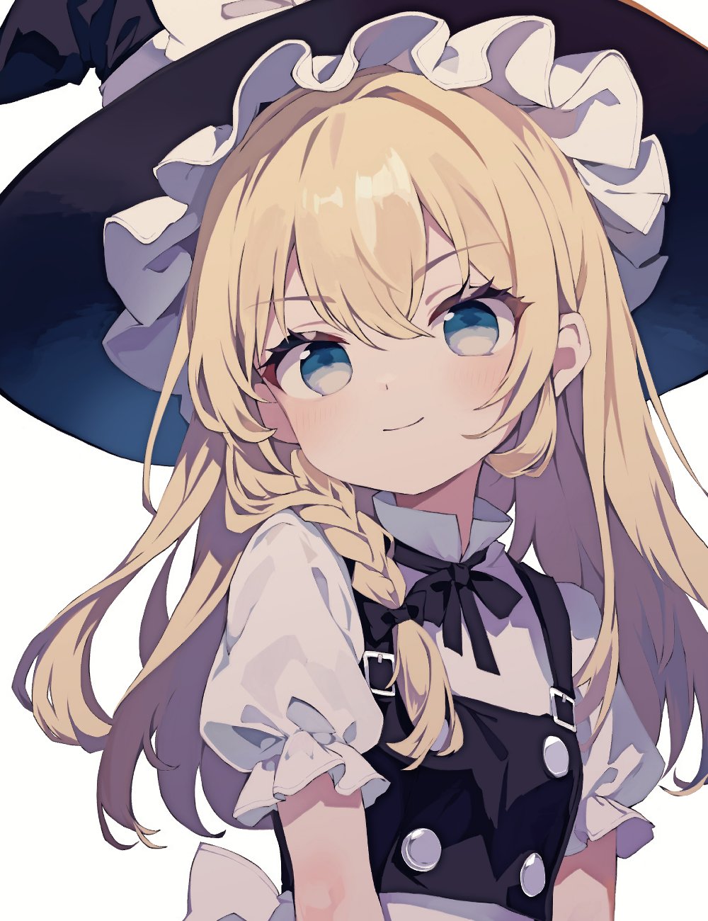 1girl black_hat black_ribbon black_vest blonde_hair blue_eyes braid breasts buttons commentary_request hat highres joou_heika_(precare_deum) kirisame_marisa long_hair neck_ribbon puffy_short_sleeves puffy_sleeves ribbon shirt short_sleeves side_braid simple_background small_breasts solo touhou turtleneck upper_body v_arms vest white_background white_shirt witch witch_hat