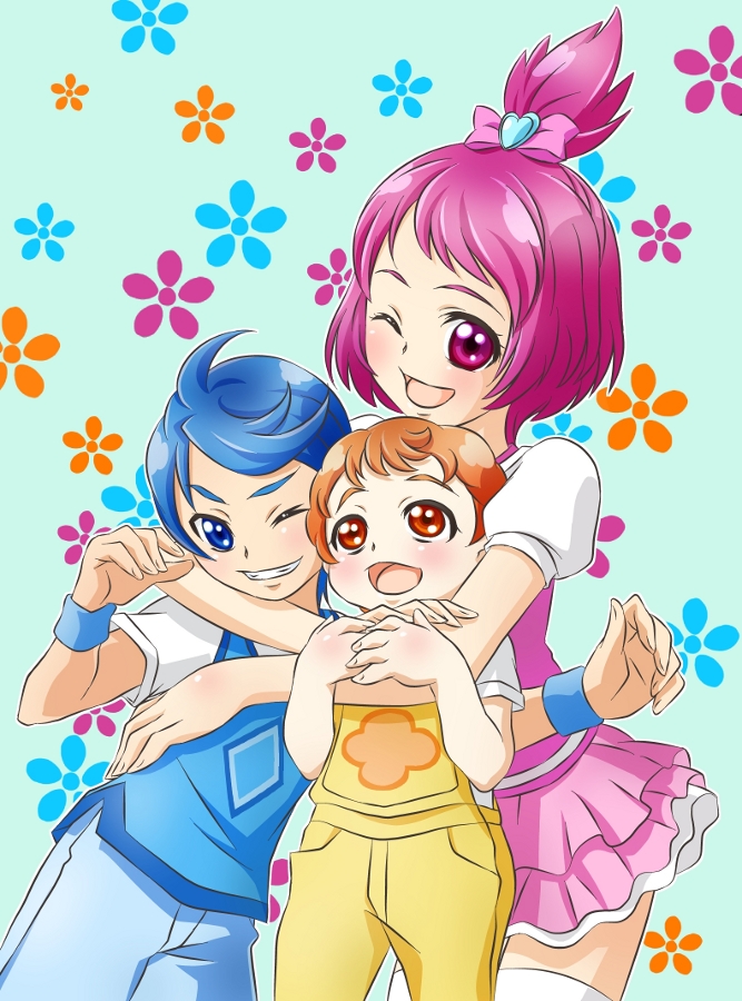 2boys ahoge blonde_hair blue-fin blue_eyes blue_hair dokidoki!_precure hair_ornament half_updo happy heart looking_at_viewer multiple_boys one_eye_closed open_mouth personification pink_eyes pink_hair precure rakeru_(dokidoki!_precure) rance_(dokidoki!_precure) sharuru_(dokidoki!_precure) shirt short_hair skirt smile yellow_eyes