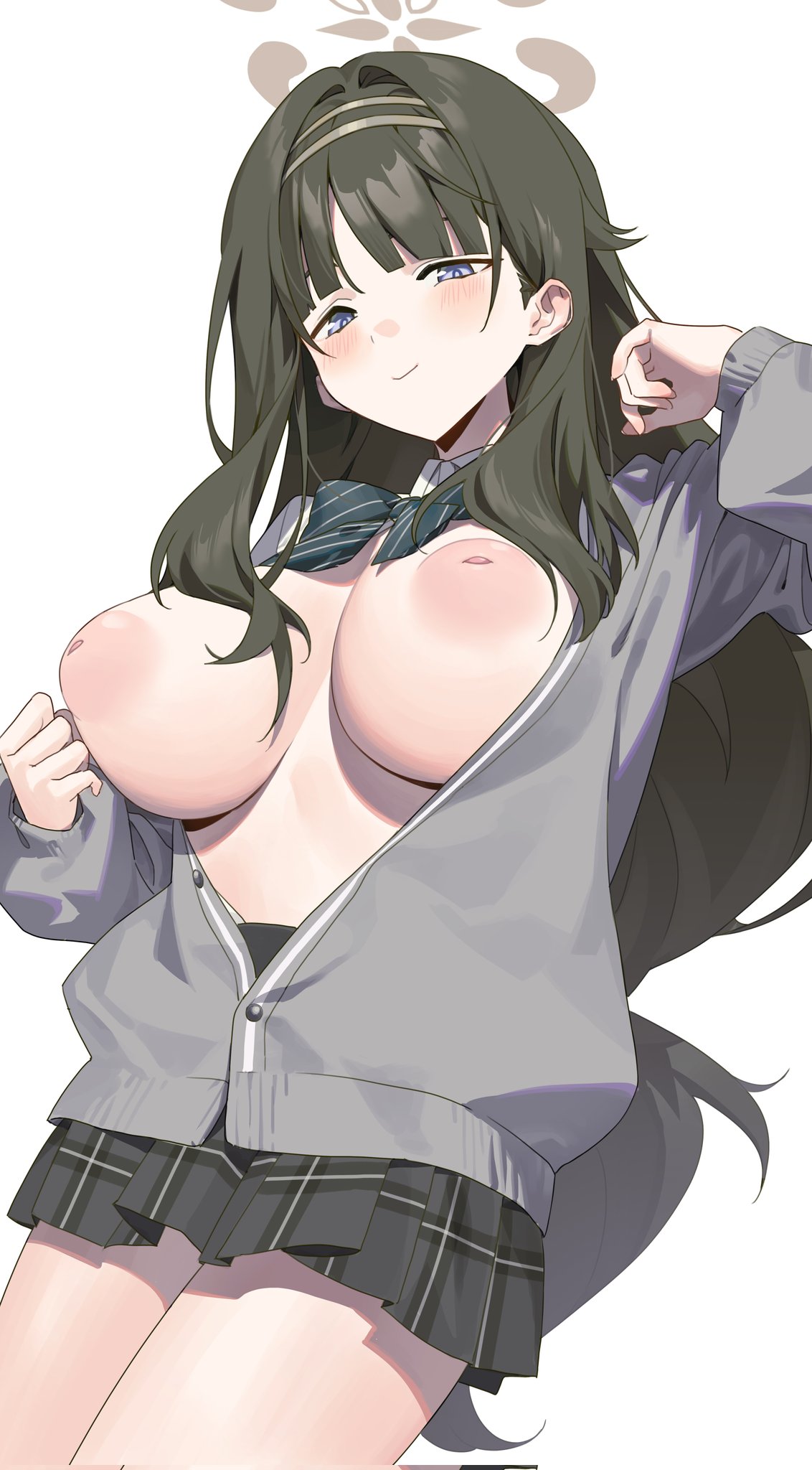 1girl airseal alternate_breast_size bare_legs black_hair blue_archive blue_eyes bow bowtie breasts cardigan dress hairband halo highres inverted_nipples large_breasts long_hair looking_at_viewer nipples shirt simple_background skirt solo white_background white_shirt