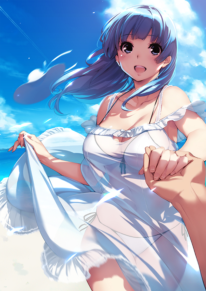 :d bangs bare_shoulders beach bikini blue_background blue_eyes blue_hair blunt_bangs blush breasts cleavage cloud comic_megastore_alpha day dress fingernails front-tie_top hands hat hat_removed headwear_removed holding_hands large_breasts long_hair looking_at_viewer navel open_mouth original out_of_frame outdoors pov pov_hands sasaoka_gungu see-through side-tie_bikini skirt_hold sky smile solo_focus sun_hat sundress swimsuit