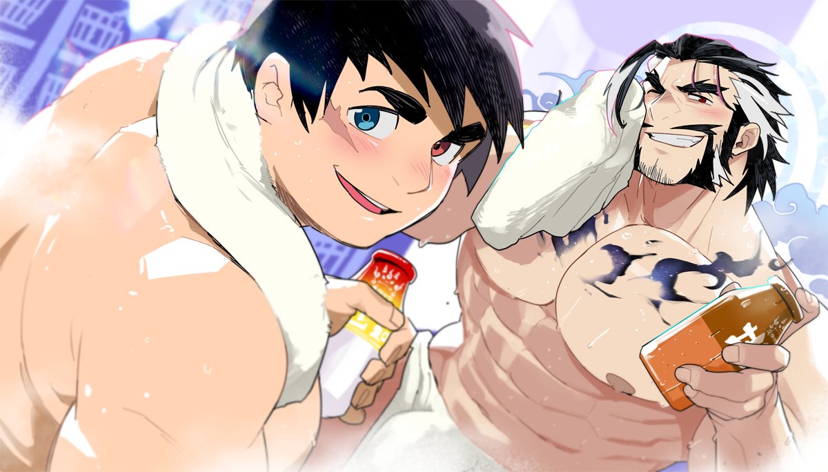 2boys abs absol_(dkqthf) bara black_hair blue_eyes blush bottle character_request facial_hair heterochromia holding holding_bottle holding_towel large_pectorals long_sideburns looking_at_viewer male_focus multicolored_hair multiple_boys muscular muscular_male navel nipples one_eye_closed open_mouth pectorals red_eyes scar scar_on_cheek scar_on_face short_hair sideburns smile teeth tokyo_afterschool_summoners towel towel_around_neck towel_around_waist two-tone_hair white_hair