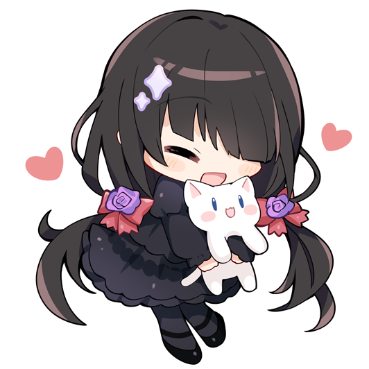 1girl animal asle black_dress black_footwear black_hair cat chibi commentary date_a_live dress english_commentary flower full_body hair_flower hair_ornament hair_over_one_eye happy heart holding holding_animal holding_cat low_twintails open_mouth smile solo tokisaki_kurumi twintails