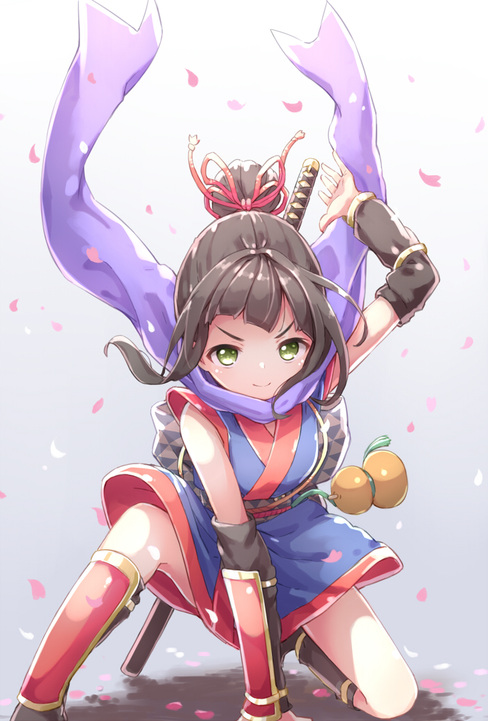 &gt;:) 1girl arm_behind_head arm_guards arm_support arm_up back_bow black_footwear black_hair blue_kimono bow breasts cherry_blossoms closed_mouth commentary_request detached_sleeves gourd gradient_background green_eyes grey_background hair_bun hair_ribbon hamaguchi_ayame hand_on_ground idolmaster idolmaster_cinderella_girls japanese_clothes kimono kneeling kuresuku_(lessons) long_scarf looking_at_viewer medium_breasts medium_hair ninja on_one_knee petals purple_scarf red_trim ribbon scarf shin_guards short_kimono sidelocks single_hair_bun sleeveless sleeveless_kimono smile solo superhero_landing sword sword_on_back thick_eyelashes thighs triangle_print v-shaped_eyebrows weapon weapon_on_back white_background
