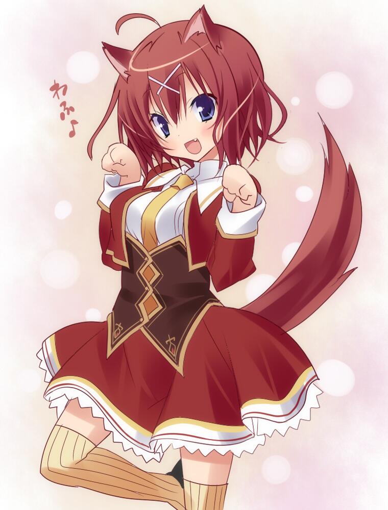 amairo_islenauts animal_ears blue_eyes blush dress fang hair_ornament koku looking_at_viewer masaki_gaillard necktie open_mouth paw_pose red_hair short_hair solo tail thighhighs