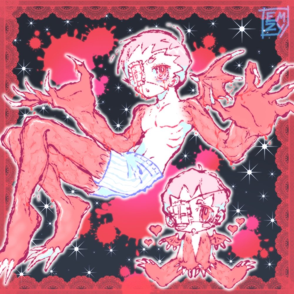 1boy :o animal_feet animal_hands artist_logo artist_name blood blood_splatter border boxers chibi claws eyepatch full_body hands_up heart lace lace_border looking_at_viewer male_focus male_underwear medical_eyepatch monster_boy multiple_views original ornate_border pi55babie pink_hair red_background red_eyes red_theme red_wings short_eyebrows short_hair single_wing topless_male underwear very_short_hair wings