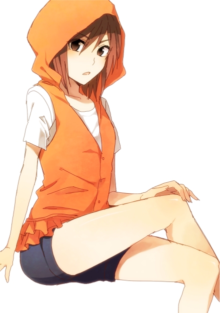 brown_eyes brown_hair crossed_legs hood hoodie kinuhata_saiai shorts sitting sleeveless sleeveless_hoodie solo to_aru_kagaku_no_railgun to_aru_majutsu_no_index zarutsu