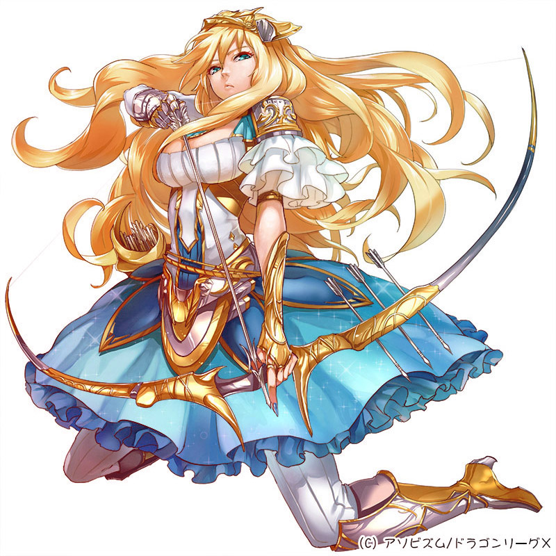 arrow blonde_hair boots bow_(weapon) copyright_name dragon_league_x drawing_bow dress full_body green_eyes hair_ornament holding holding_arrow holding_bow_(weapon) holding_weapon jewelry long_hair looking_at_viewer silver_(atelier-tengu) solo watermark weapon white_background