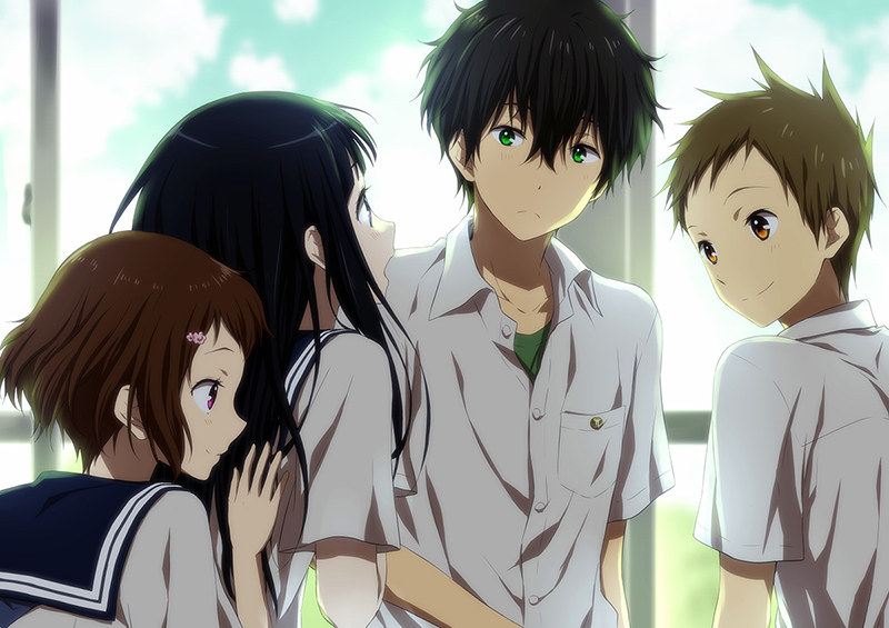 2girls black_hair blush brown_hair chitanda_eru fukube_satoshi green_eyes hair_ornament hairpin hyouka ibara_mayaka multiple_boys multiple_girls open_mouth orange_eyes oreki_houtarou purple_eyes red_eyes rito453 school_uniform short_hair