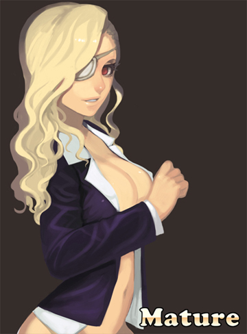 alternate_hair_length alternate_hairstyle blonde_hair bottomless breasts character_name eyepatch hair_down jacket lips long_hair lowres mature_(kof) medium_breasts no_bra open_clothes open_jacket open_shirt red_eyes shirt simple_background smile solo steward_b the_king_of_fighters