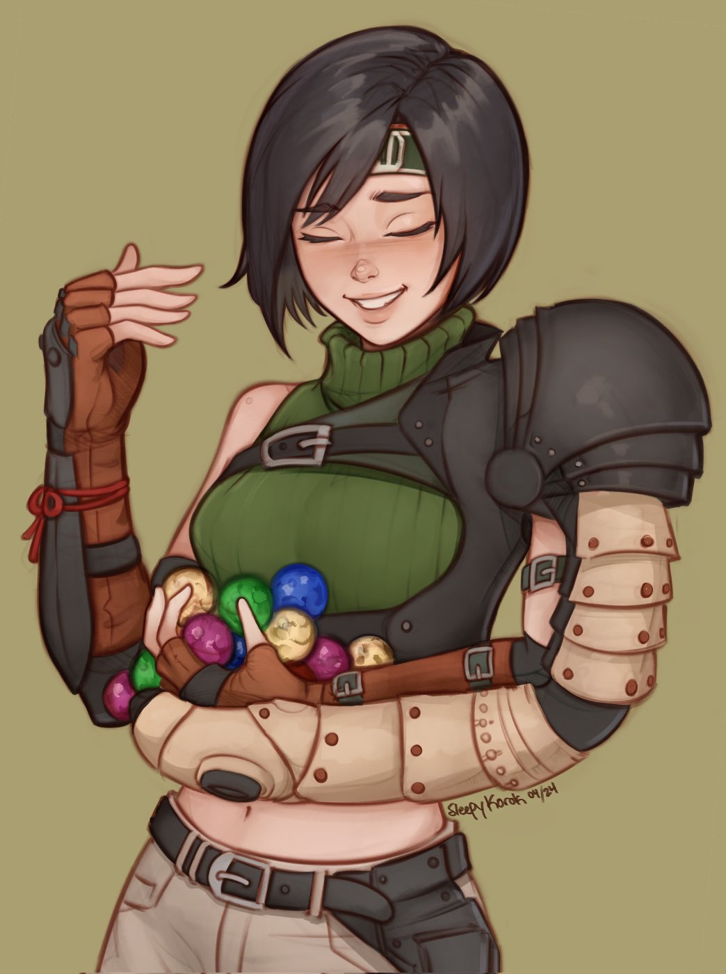 1girl arm_guards bag belt black_hair closed_eyes crop_top final_fantasy final_fantasy_vii final_fantasy_vii_rebirth final_fantasy_vii_remake fingerless_gloves forehead_protector gloves harness headband highres materia meme midriff navel orange_gloves satchel short_hair single_arm_guard single_sleeve sleepy_korok sleeveless sleeveless_turtleneck smile solo turtleneck why_can't_i_hold_all_these_limes?_(meme) yuffie_kisaragi