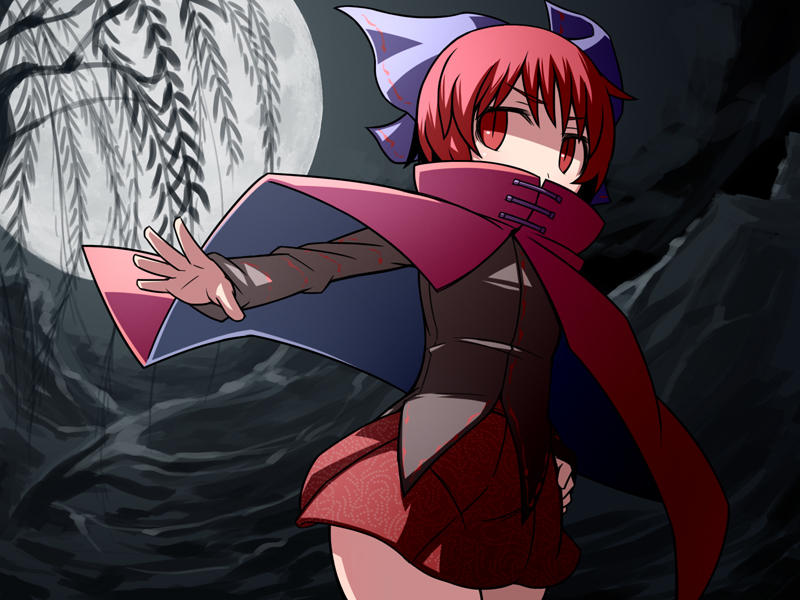bow cape full_moon hair_bow hakika hand_on_hip moon red_eyes red_hair sekibanki skirt solo touhou
