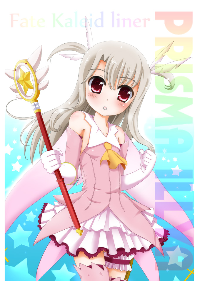 :o bare_shoulders blush character_name copyright_name detached_sleeves dress elbow_gloves fate/kaleid_liner_prisma_illya fate_(series) feathers flipper frills gloves hair_feathers holding holding_wand illyasviel_von_einzbern long_hair magical_girl magical_ruby prisma_illya red_eyes silver_hair skirt solo star thighhighs two_side_up wand