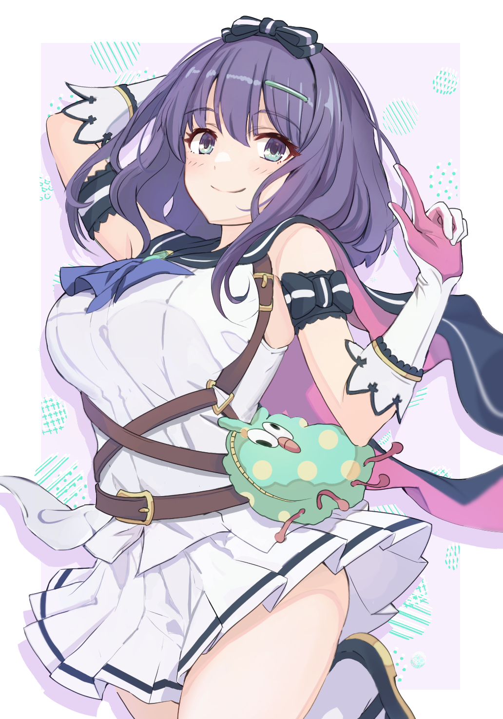 1girl ascot belt blue_ascot bow bow_hairband breasts gloves hair_ornament hairband hairclip highres korinun_0234 medium_hair misora_(princess_connect!) princess_connect! purple_hair skirt solo white_gloves white_skirt