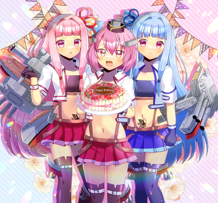 3girls :d black_gloves blue_hair blue_skirt brown_thighhighs cake character_request collarbone commentary_request commission crop_top cropped_jacket food gloves hair_between_eyes hair_intakes happy_birthday holding holding_plate jacket kotonoha_akane kotonoha_aoi kou_hiyoyo long_hair multiple_girls navel open_clothes open_jacket pennant pink_hair plate pleated_skirt polka_dot purple_eyes purple_thighhighs red_eyes red_skirt short_sleeves siblings sisters skeb_commission skirt smile standing string_of_flags striped_background thighhighs very_long_hair voiceroid white_jacket