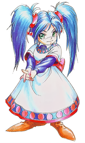 1990s_(style) 1girl blue_hair breath_of_fire breath_of_fire_ii brown_footwear child dress full_body green_eyes long_sleeves looking_at_viewer lowres non-web_source official_art own_hands_together pointy_footwear retro_artstyle simple_background solo standing twintails white_background yua_bateson