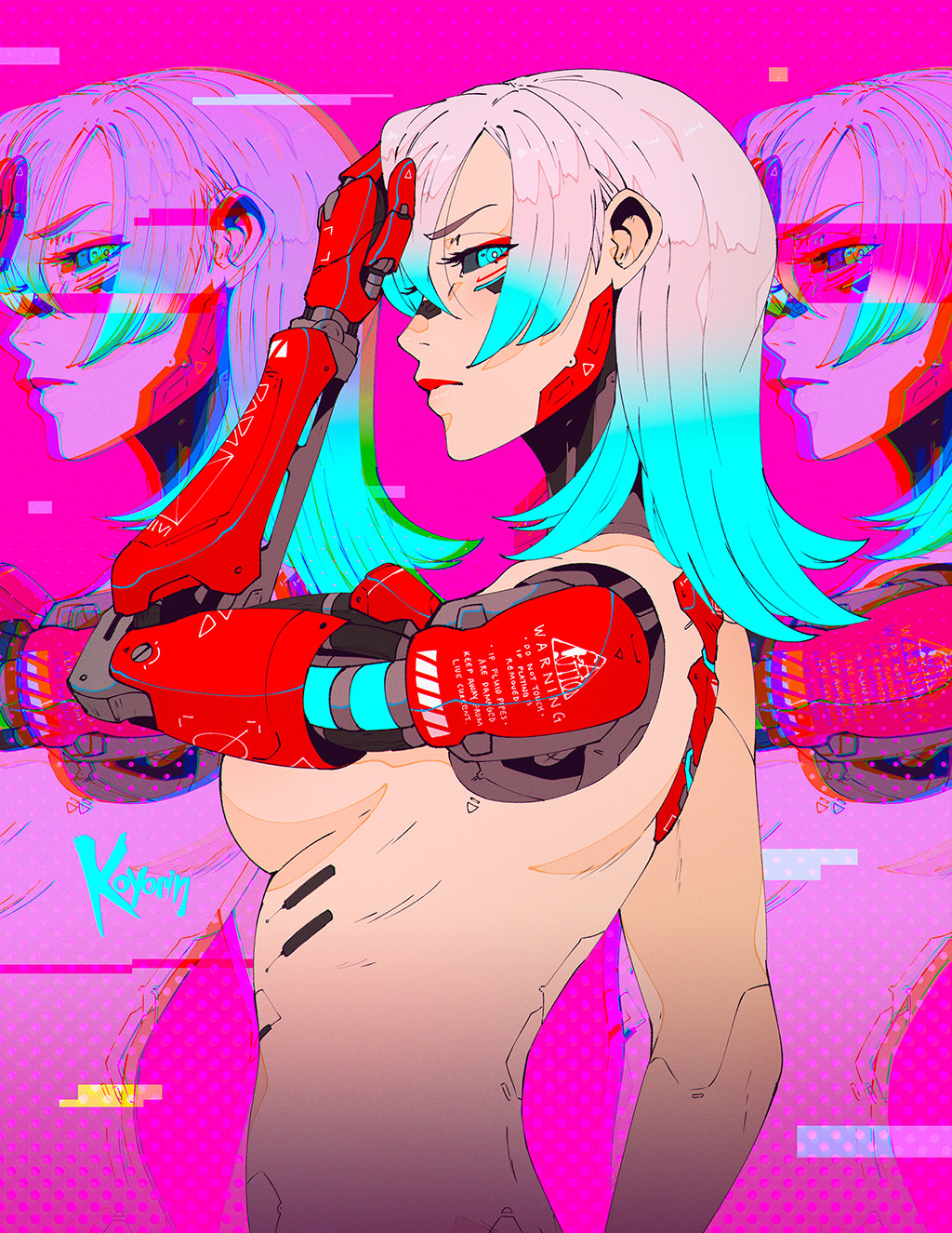 1girl artist_name black_sclera blue_eyes blue_hair breasts colored_sclera cyberpunk_(series) cyborg from_side gradient_hair hair_between_eyes hand_on_own_head highres koyorin large_breasts lips long_hair looking_at_viewer mechanical_arms multicolored_hair nude solo upper_body white_hair