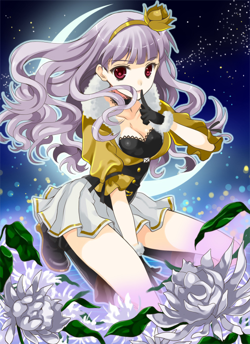 bad_id bad_pixiv_id beyond_the_nobles boots breasts earrings flower gloves hairband idolmaster idolmaster_(classic) jewelry long_hair makokb medium_breasts red_eyes shijou_takane silver_hair solo yellow_hairband