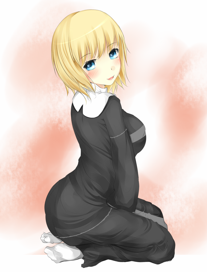 1girl :d ass between_legs blonde_hair blue_eyes blush breasts commentary_request dot_nose from_side full_body habit hand_between_legs large_breasts long_sleeves looking_at_viewer medium_bangs medium_hair nun open_mouth orsola_aquinas seiza shin_(highest1192) sitting smile socks solo toaru_majutsu_no_index white_socks