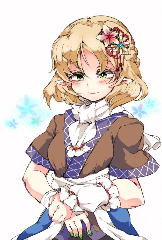 arm_warmers blonde_hair blush breasts earrings eyebrows eyebrows_visible_through_hair flower green_eyes green_nails hair_flower hair_ornament happy iroyopon jewelry medium_breasts mizuhashi_parsee nail_polish pointy_ears scarf short_hair smile solo touhou