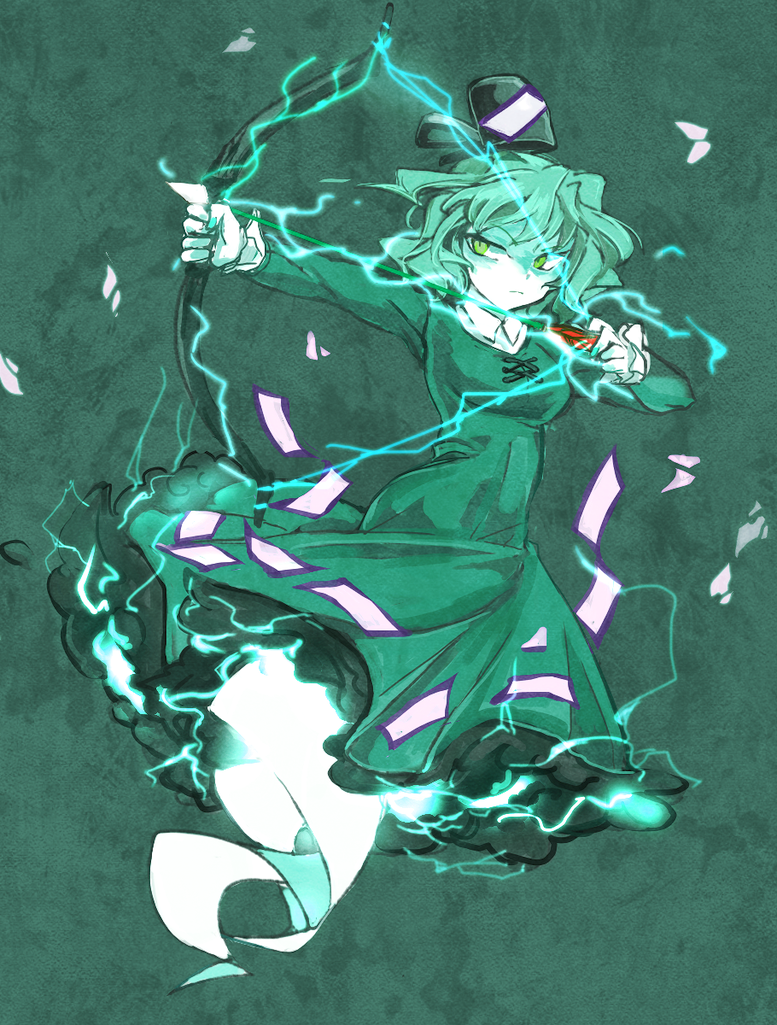 aiming arrow bow_(weapon) chamaruku drawing_bow dress ghost_tail green_dress green_eyes green_hair hat hat_ribbon holding holding_arrow holding_bow_(weapon) holding_weapon left-handed lightning long_sleeves outstretched_arm ribbon soga_no_tojiko solo touhou weapon