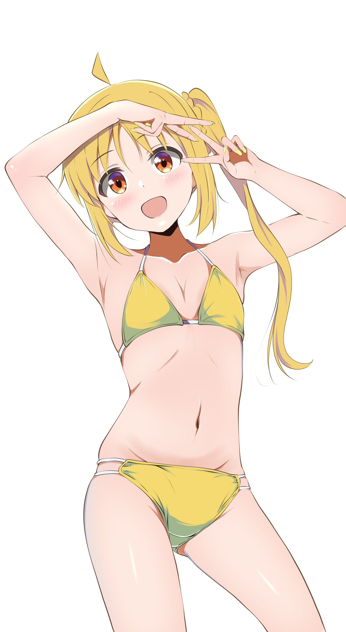 1girl :d ahoge armpits bikini blonde_hair blush bocchi_the_rock! borgbutler breasts commentary_request double_v highres ijichi_nijika long_hair looking_at_viewer nail_polish navel orange_eyes side_ponytail simple_background small_breasts smile solo standing stomach swimsuit v white_background yellow_bikini yellow_nails