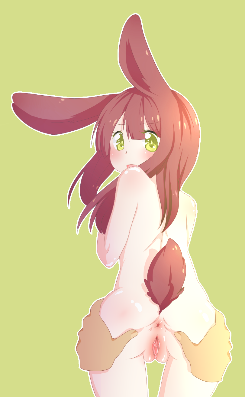 animal_ears anus artist_request ass blush brown_hair bunny_ears bunny_tail disembodied_hands green_background green_eyes nude open_mouth pussy simple_background spread_anus spread_ass tail uncensored