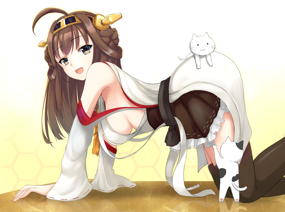 ahoge all_fours bare_shoulders breasts brown_eyes brown_hair brown_legwear cat detached_sleeves frilled_skirt frills hairband headgear japanese_clothes kantai_collection kirifrog kongou_(kantai_collection) long_hair looking_at_viewer medium_breasts open_mouth sideboob skirt smile solo thighhighs