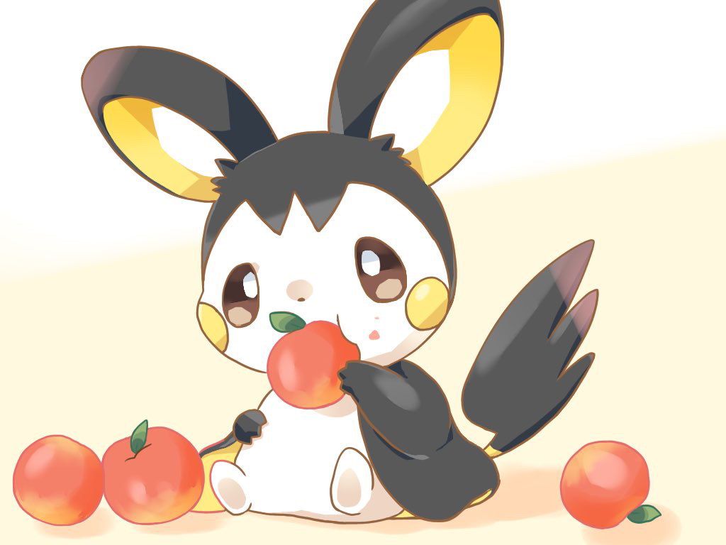 black_eyes eating emolga food food_on_face fruit holding holding_food holding_fruit kana_(maple926) no_humans pokemon pokemon_(creature) sitting solo