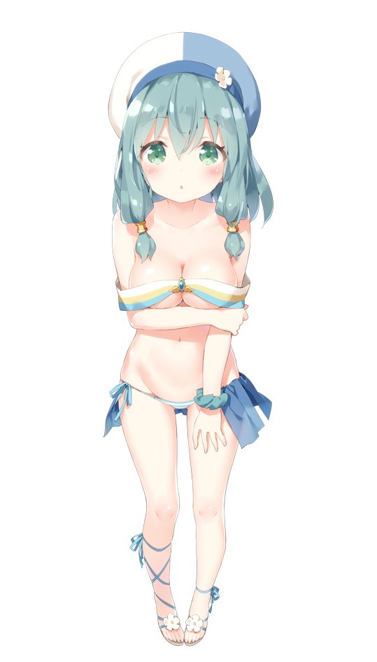 1girl arm_grab arm_under_breasts bangs bikini blue_hat blue_scrunchie blush breast_hold breasts cleavage collarbone commentary_request endro! eyebrows_visible_through_hair flower full_body green_eyes green_hair groin hair_between_eyes hat long_hair looking_at_viewer medium_breasts meiza_endust multicolored multicolored_clothes multicolored_hat navel parted_lips peko pigeon-toed scrunchie sidelocks simple_background solo standing striped striped_bikini swimsuit white_background white_flower white_hat wrist_scrunchie