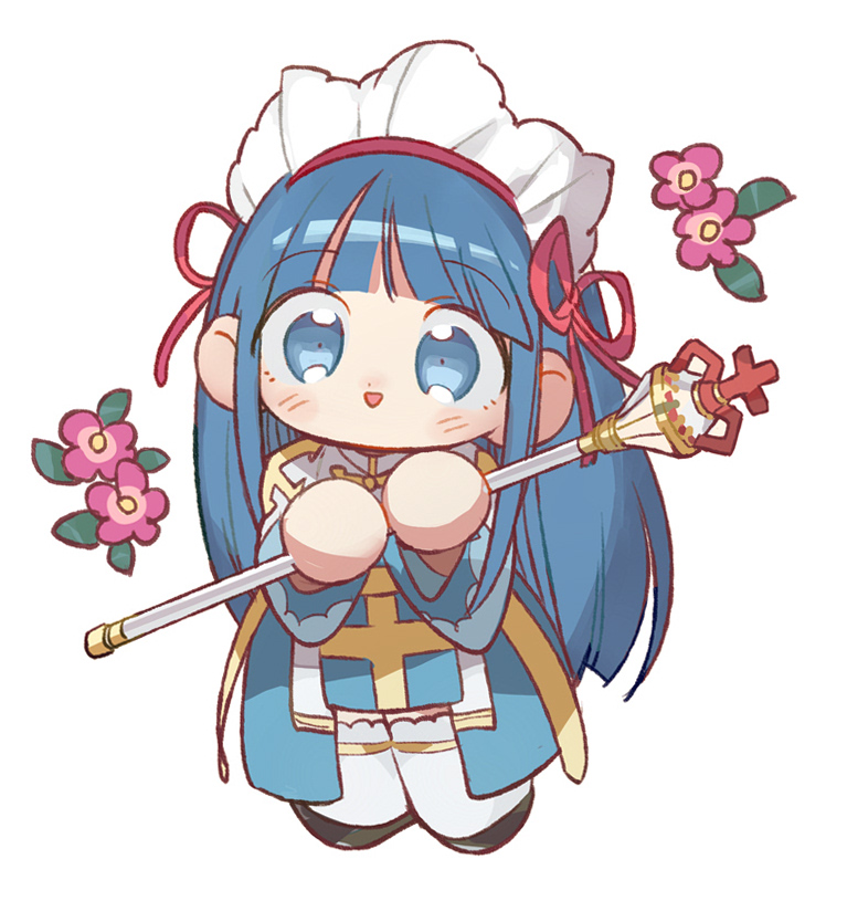 1girl arch_bishop_(ragnarok_online) arutopian blue_dress blue_eyes blue_hair blunt_bangs blush chibi commentary_request crosier cross dress flower full_body hair_ribbon headdress hime_cut holding holding_staff long_hair looking_at_viewer medium_bangs open_mouth pelvic_curtain pink_flower ragnarok_online red_ribbon ribbon sash sidelocks simple_background smile solo staff standing thighhighs two-tone_dress very_long_hair white_background white_dress white_thighhighs yellow_sash
