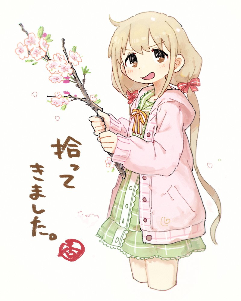 1girl blonde_hair blush bow branch cardigan cropped_legs dress falling_petals futaba_anzu green_dress hair_bow holding holding_branch idolmaster idolmaster_cinderella_girls long_hair long_sleeves looking_at_viewer nendo23 petals pink_cardigan plaid plaid_dress simple_background solo twintails very_long_hair white_background