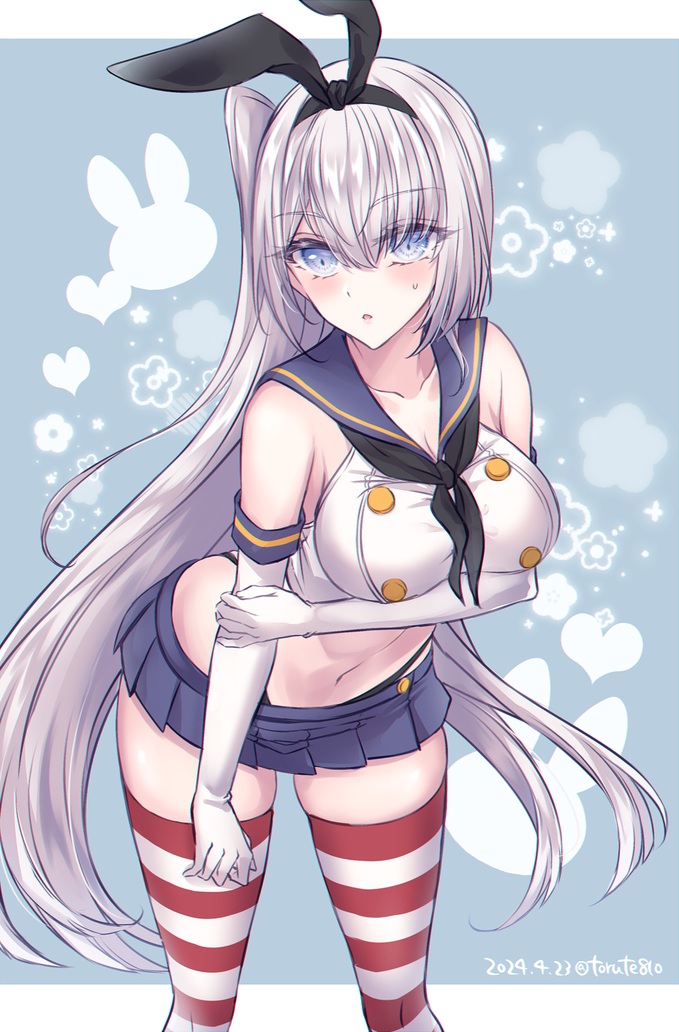 1girl arm_under_breasts black_neckerchief black_panties blue_eyes blue_sailor_collar blue_sky breasts cleavage cosplay crop_top dated elbow_gloves fuyutsuki_(kancolle) gloves highleg highleg_panties highres kabocha_torute kantai_collection large_breasts long_hair microskirt miniskirt neckerchief one_side_up panties parted_lips pleated_skirt sailor_collar shimakaze_(kancolle) shimakaze_(kancolle)_(cosplay) simple_background skirt sky solo striped_clothes striped_thighhighs sweat thighhighs twitter_username underwear very_long_hair white_gloves
