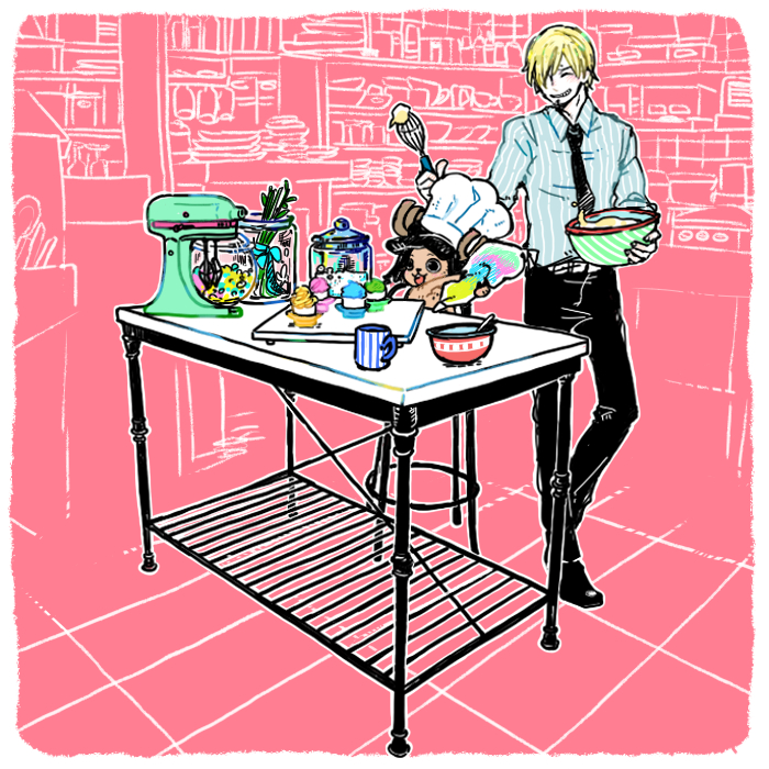 2boys :d black_necktie black_pants blue_shirt bowl chef_hat closed_eyes cookie cooking cream cup food grin hat holding holding_pastry_bag itowo_(itowc) male_focus mug multiple_boys necktie one_piece pants pastry_bag sanji_(one_piece) shirt smile standing table tony_tony_chopper whip whisk