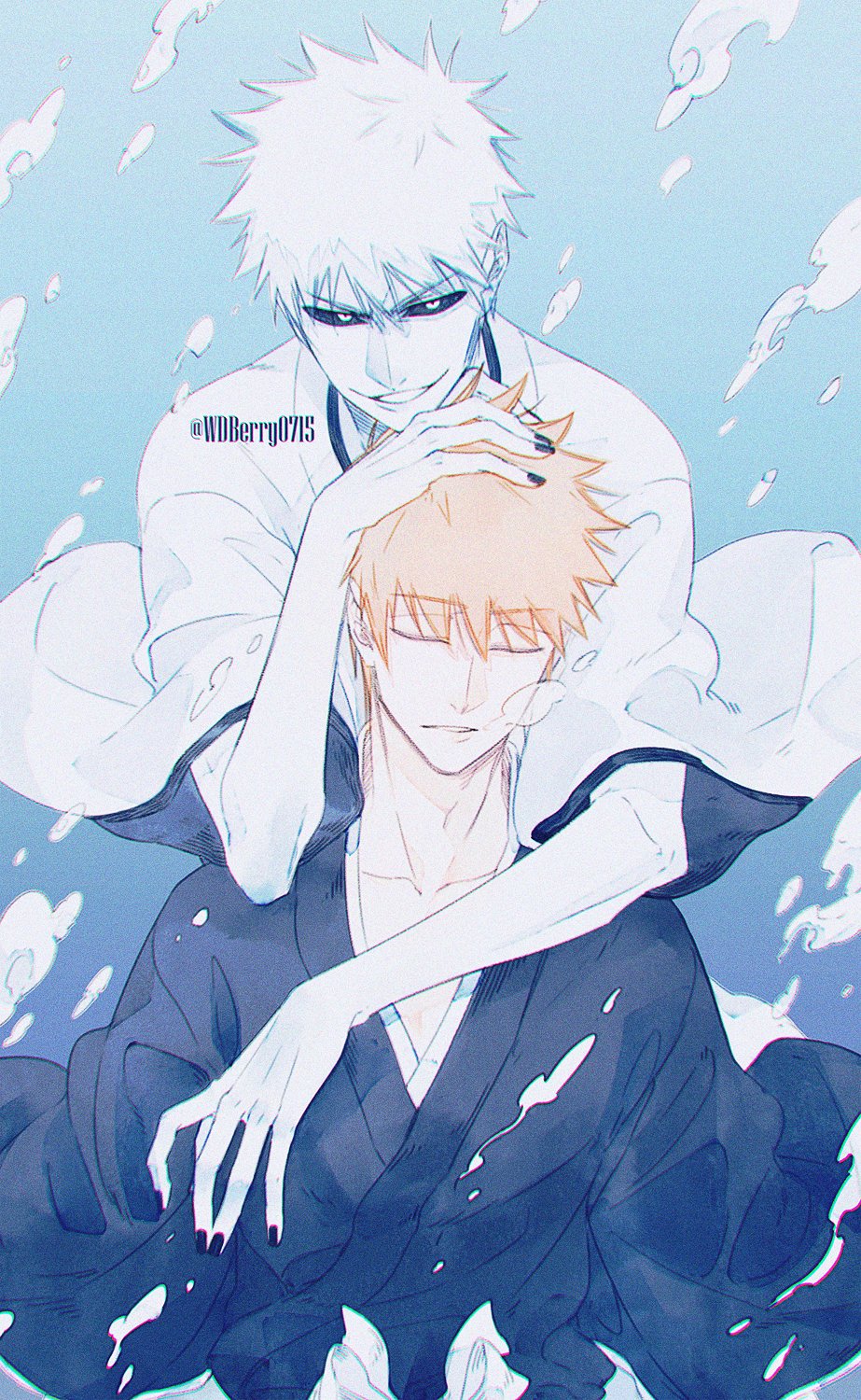 2boys air_bubble artist_name black_nails black_sclera black_shirt bleach bubble collarbone colored_sclera colored_skin evil_smile hair_between_eyes hand_on_another's_head highres hollow_ichigo japanese_clothes kimono kurosaki_ichigo looking_at_viewer male_focus multiple_boys obi parted_lips sash shihakusho shirt smile spiked_hair twitter_username underwater wdberry0715 white_eyes white_hair white_shirt white_skin wide_sleeves