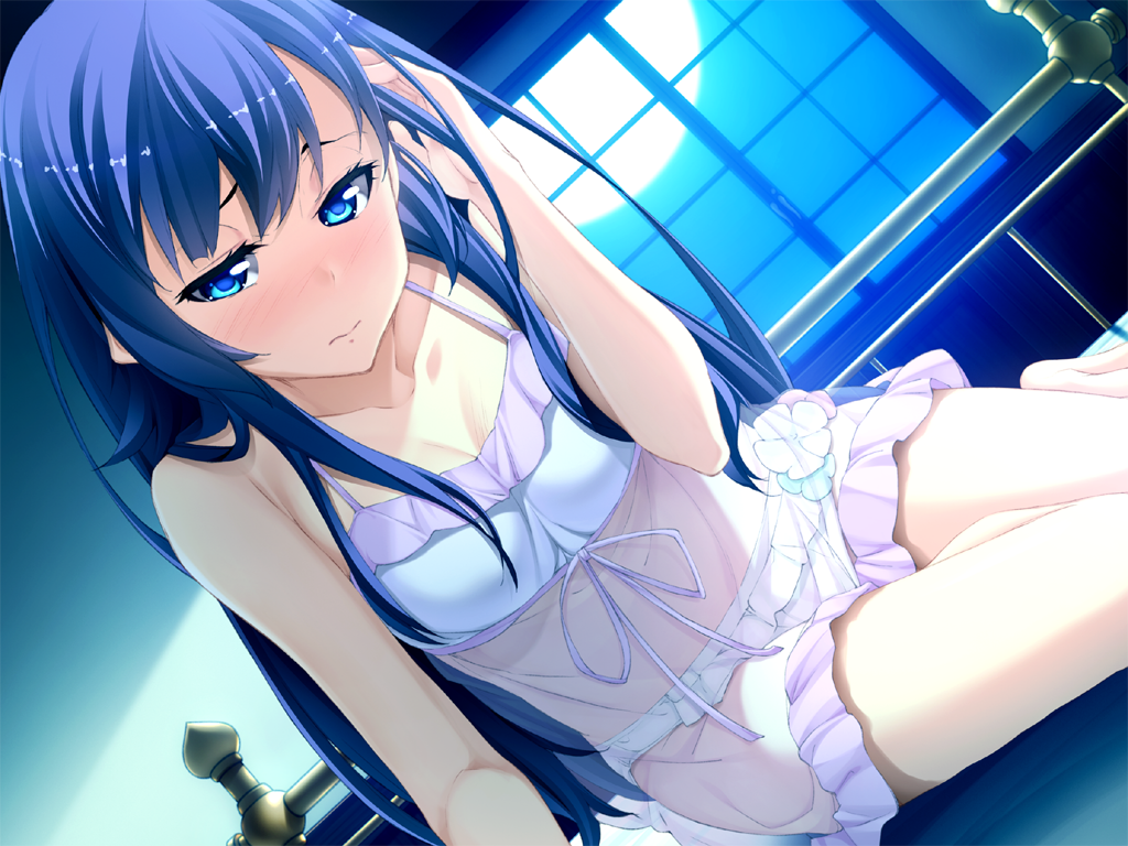 1girl blue_eyes blue_hair blush breasts game_cg indoors lingerie long_hair panties sky solo source_request underwear yes_your_highness
