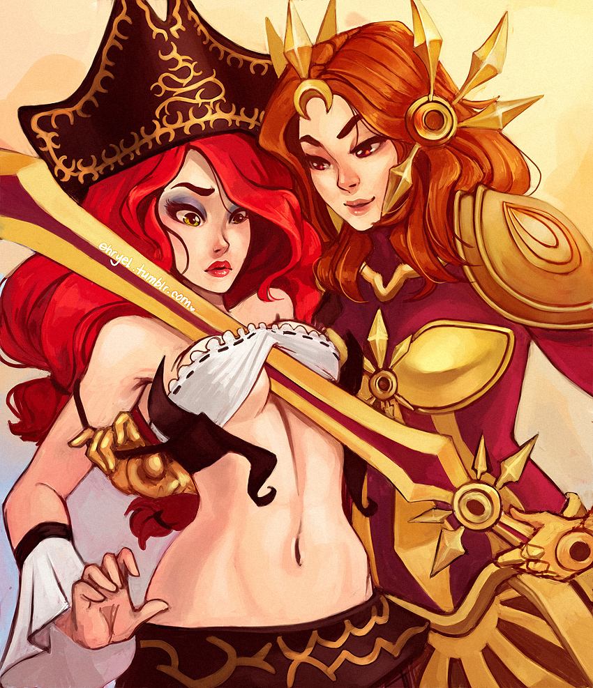 armor bare_shoulders belt between_breasts bikini_armor breasts brown_eyes brown_hair ear_protection eyebrows eyeshadow femdom forehead_protector green_eyes hat league_of_legends leona_(league_of_legends) lipstick long_hair makeup medium_breasts midriff multiple_girls navel nose pirate_hat red_hair sarah_fortune sword torn_clothes underboob undressing weapon wrist_cuffs x-arielle yuri