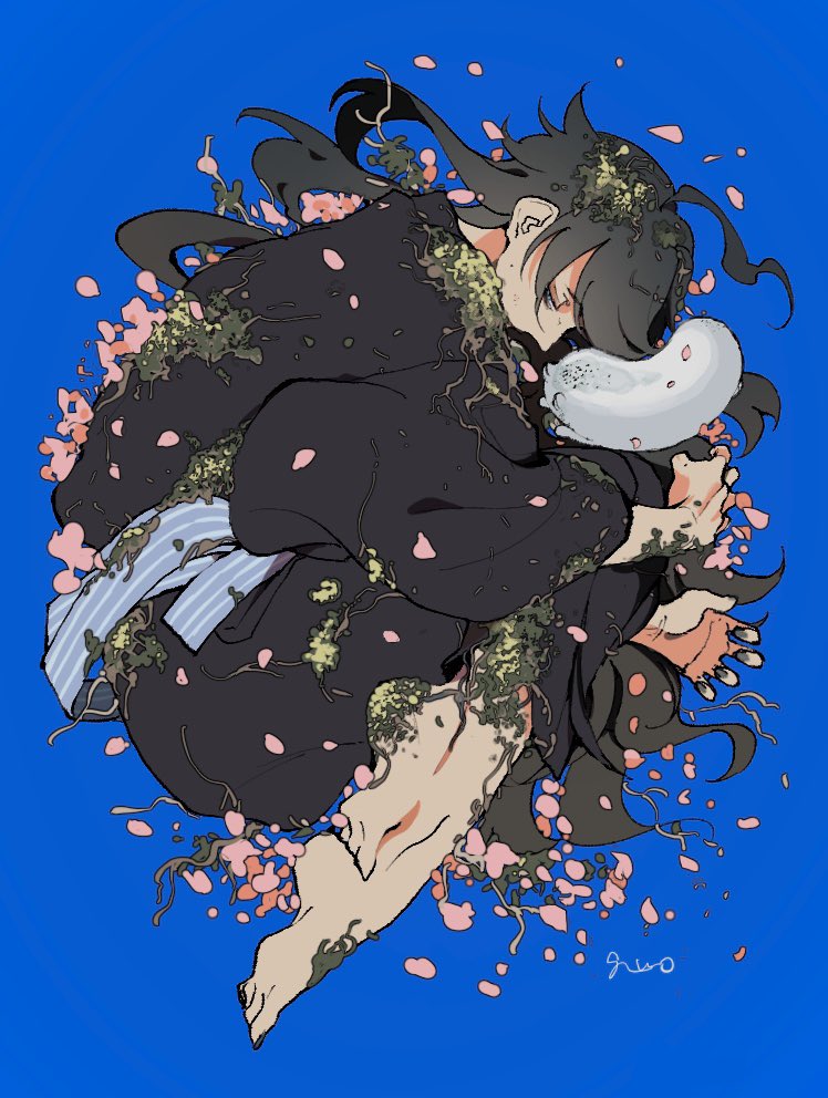 1boy 83k_gq barefoot black_hair black_kimono blue_background blue_eyes creature full_body green_nails japanese_clothes kimono long_hair long_sleeves looking_at_viewer lying male_focus on_side original petals simple_background solo wide_sleeves