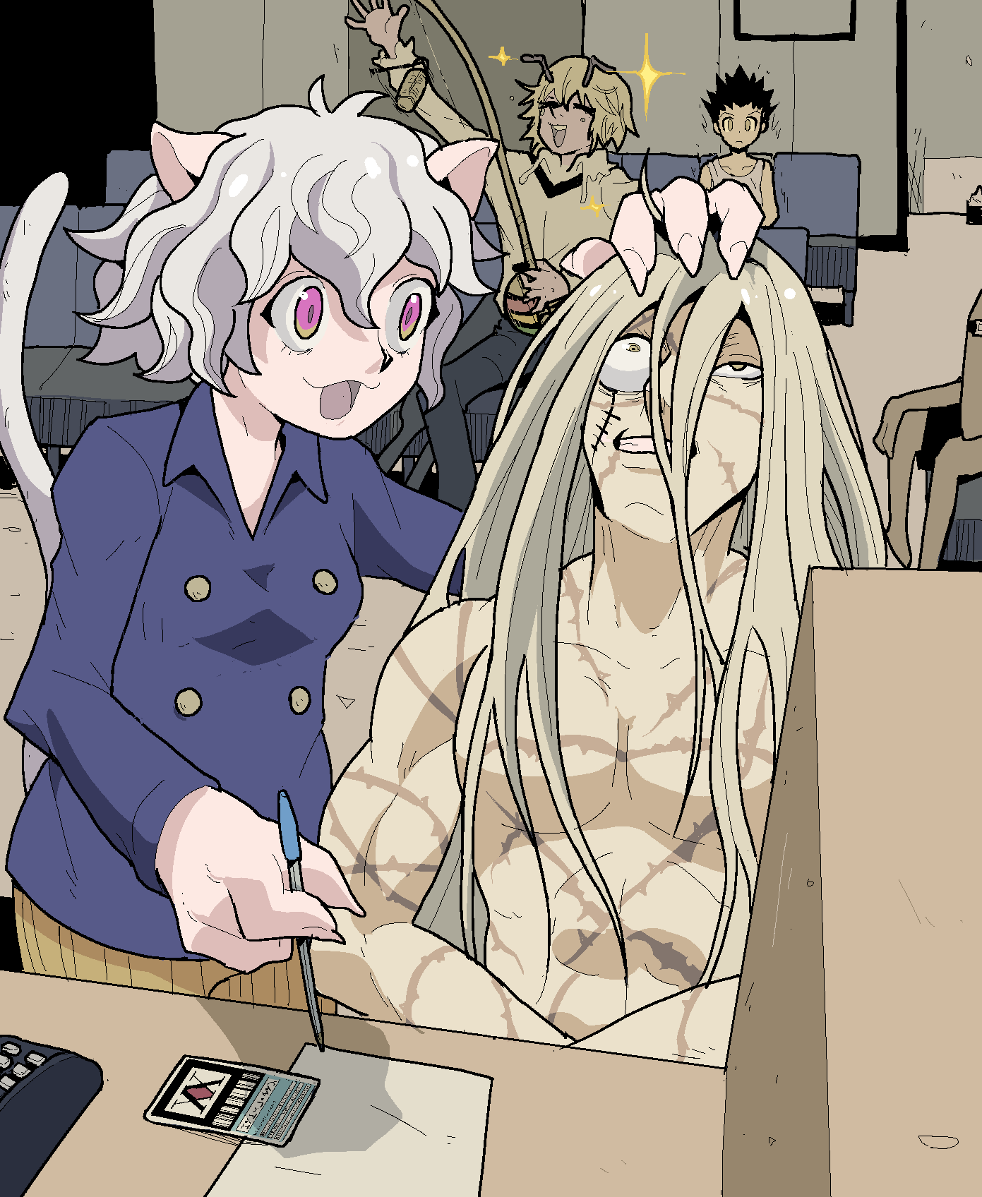 1girl 3boys animal_ears antennae black_hair blonde_hair cat_ears cat_tail corpse gon_freecss hand_on_another's_head highres holding holding_pen hunter_x_hunter kite_(hunter_x_hunter) long_hair meme multiple_boys neferpitou open_mouth paper pen psicochurroz scar shaiapouf short_hair sitting smile standing stitches tail white_hair