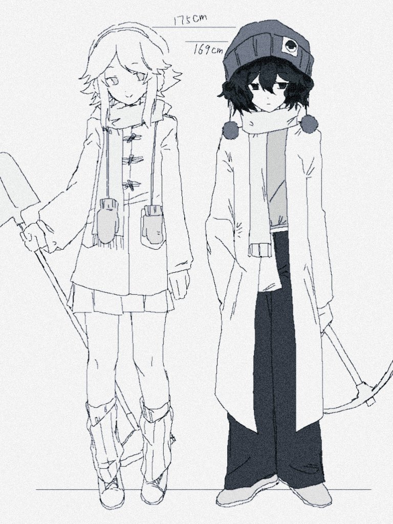 2others alternate_costume androgynous chinese_commentary closed_mouth coat commentary_request earmuffs enraku_tsubakura film_grain full_body gas_wf greyscale hair_between_eyes hand_in_pocket hat height_chart holding holding_pickaxe holding_shovel houlen_yabusame leg_warmers len'en medium_hair miniskirt monochrome multiple_others open_clothes open_coat other_focus pants pickaxe pleated_skirt pom_pom_(clothes) scarf shovel simple_background skirt smile unworn_mittens white_background winter_clothes