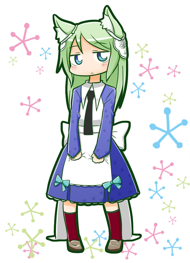 1girl 7th_dragon 7th_dragon_(series) animal_ear_fluff animal_ears apron arietta_(7th_dragon) back_bow black_necktie blue_bow blue_dress blue_eyes bow brown_footwear chibi commentary_request dress full_body green_hair kneehighs loafers long_hair looking_at_viewer naga_u necktie red_socks shoes simple_background socks solo standing white_apron white_background white_bow