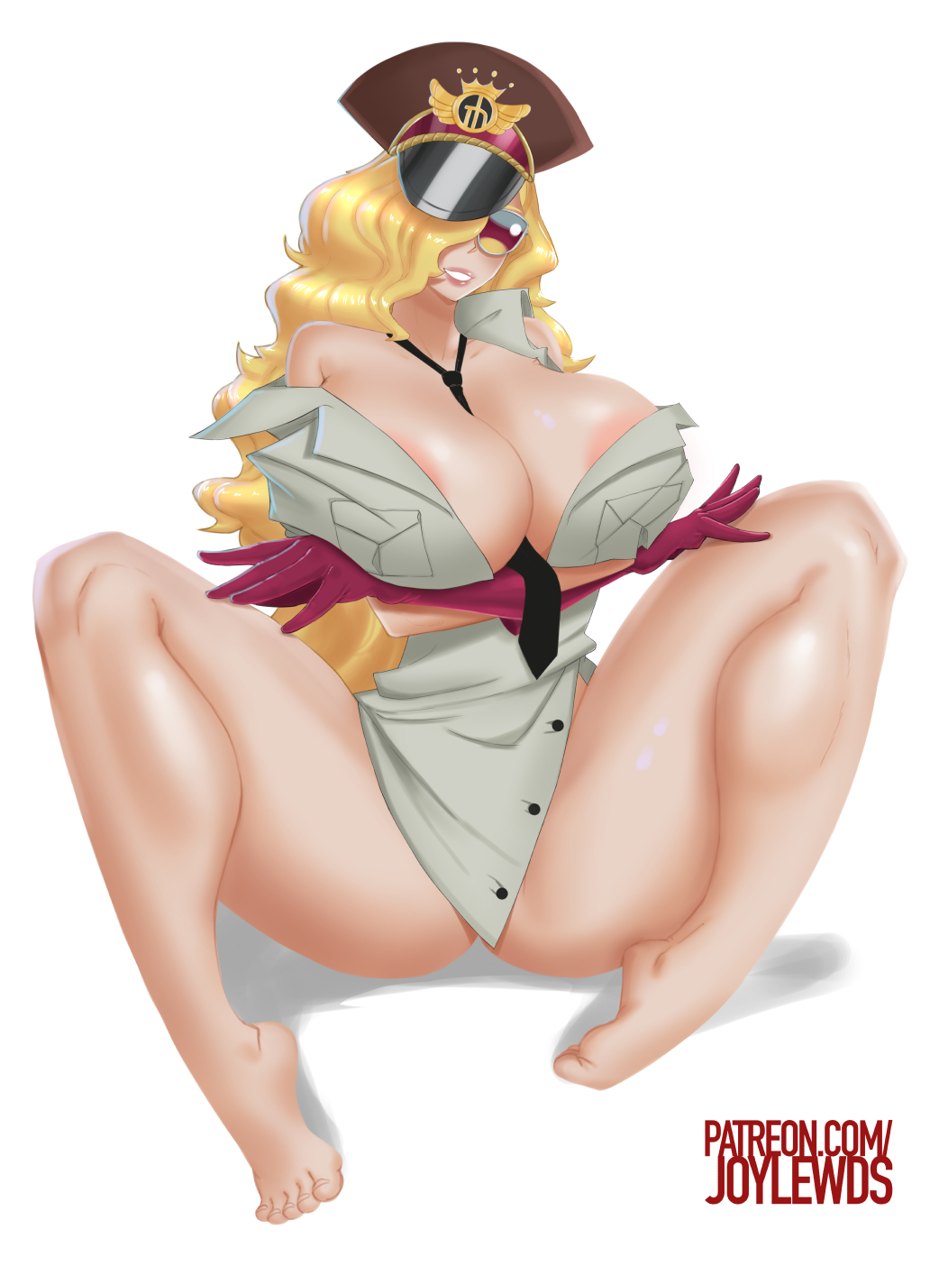 1girl areola_slip areolae between_breasts blonde_hair breasts cleavage domino_(one_piece) hair_over_one_eye hat huge_breasts joylewds long_hair military military_hat military_uniform no_bra no_panties no_pants one_piece parted_lips shiny shiny_skin simple_background smile solo squatting sunglasses uniform wavy_hair white_background