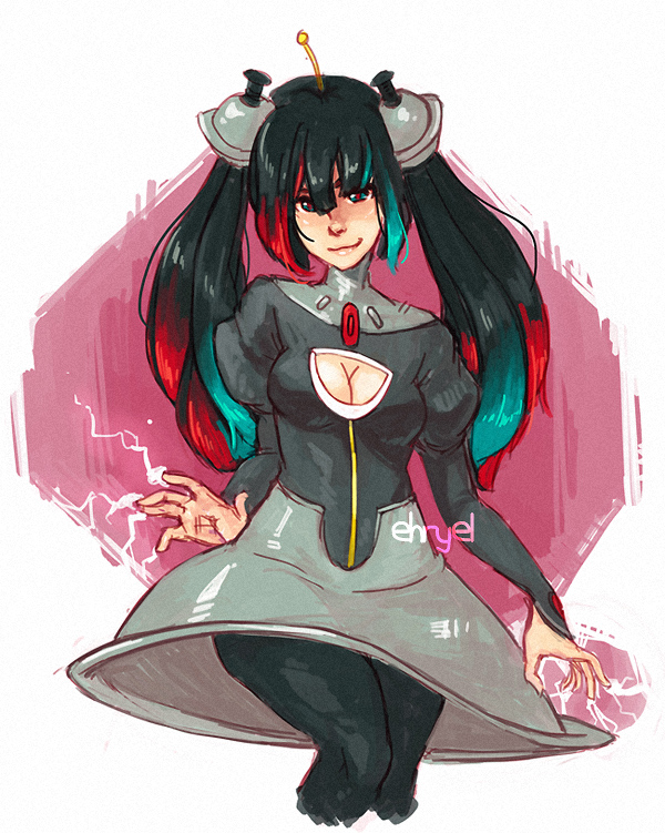bell black_hair black_legwear breasts cleavage cleavage_cutout electricity gen_4_pokemon green_hair hair_bell hair_ornament long_hair magnezone medium_breasts multicolored_hair pantyhose personification pokemon red_hair skirt smile solo twintails x-arielle