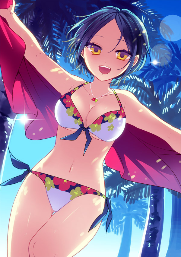 :d ass_visible_through_thighs bangs beach bikini blue_hair breasts cleavage collarbone front-tie_top hayami_kanade idolmaster idolmaster_cinderella_girls jewelry lens_flare medium_breasts navel necklace open_mouth palm_tree parted_bangs short_hair side-tie_bikini smile solo swimsuit thigh_gap tree underboob wemu_(ivycrown) yellow_eyes