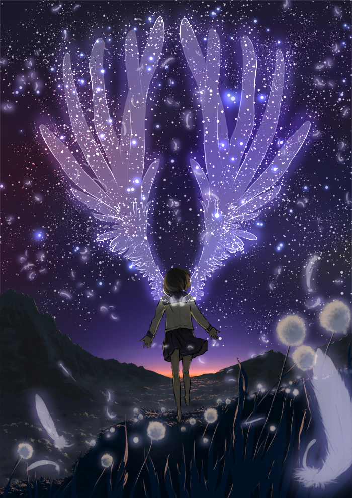 barefoot brown_hair cliff dandelion feathered_wings feathers flower from_behind minatsuki_(sitsu) mountain original outstretched_arms school_uniform short_hair skirt sky spread_arms sunset wings